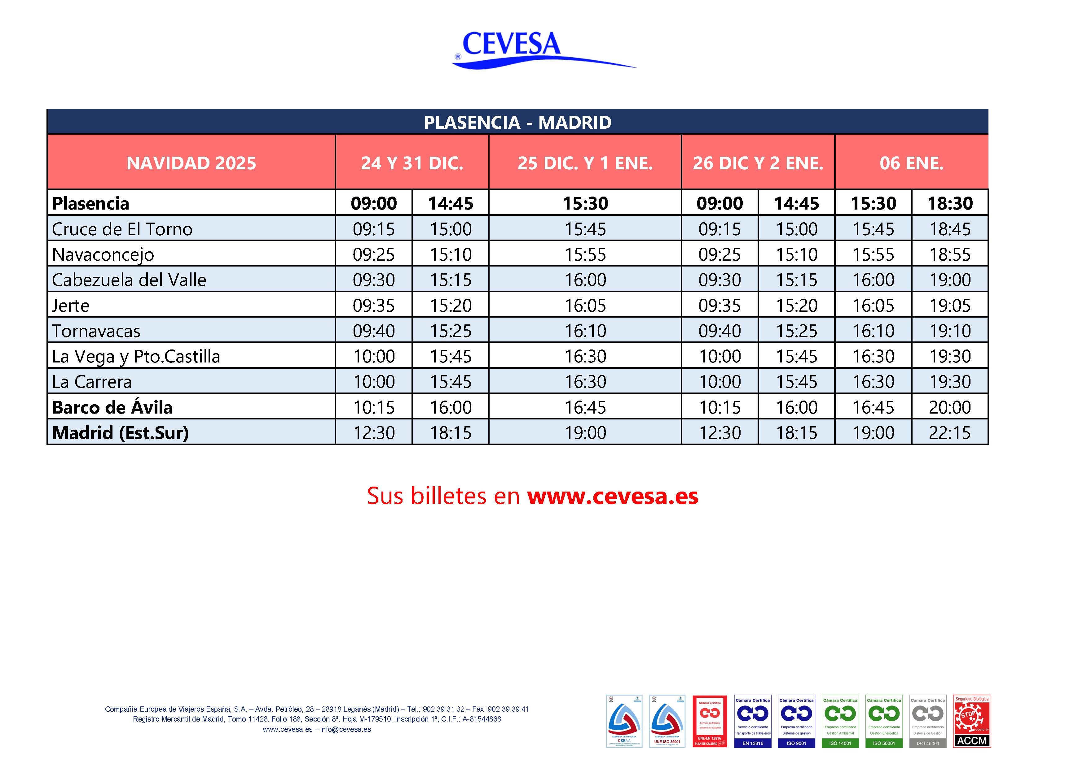 Horarios Navidad Plasencia a Madrid.